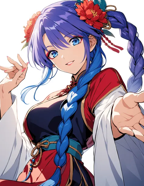 Fushigi Yuugi Style, 1girl, solo, long hair, looking at viewer, smile, blue eyes, hair ornament, long sleeves, white background, very long hair, blue hair, purple hair, braid, flower, hair flower, single braid, makeup, chinese clothes, lipstick, red flower...