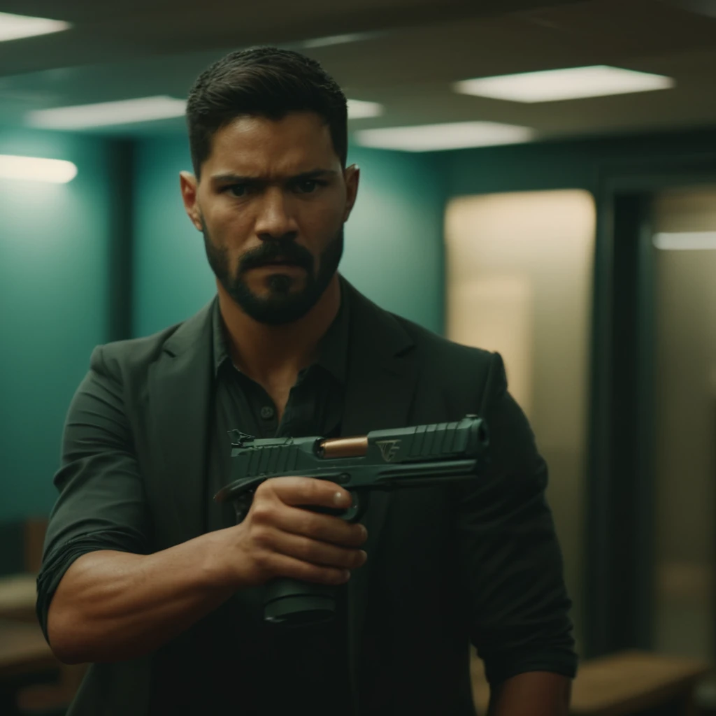 cinematic film still of  <lora:STI 1911:1>
STI 1911 pistol hand gun weapon, a man holding a gun in a room,solo,1boy,holding,upper body,weapon,male focus,holding weapon,blurry,gun,blurry background,facial hair,holding gun,beard,handgun,realistic,aiming,aimi...