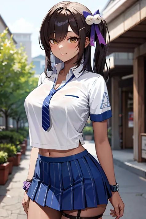 masterpiece, best quality, highres, aanaga, long hair, one side up, hair ornament, hairclip, dark skin, large breasts, school uniform, loose necktie, blue necktie, cleavage, collared shirt, white shirt, short sleeves, wrist scrunchie, wristwatch, midriff, ...