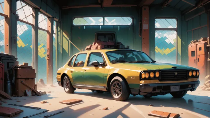 score_9, score_8_up, score_7_up, score_6_up, score_5_up, score_4_up, (source_anime:0.5), digital painting, Stained glass workshop in a car workshop in a abandoned,dingy fantasy mountainside megastructure beyond the beginning of the universe, masterpiece, v...