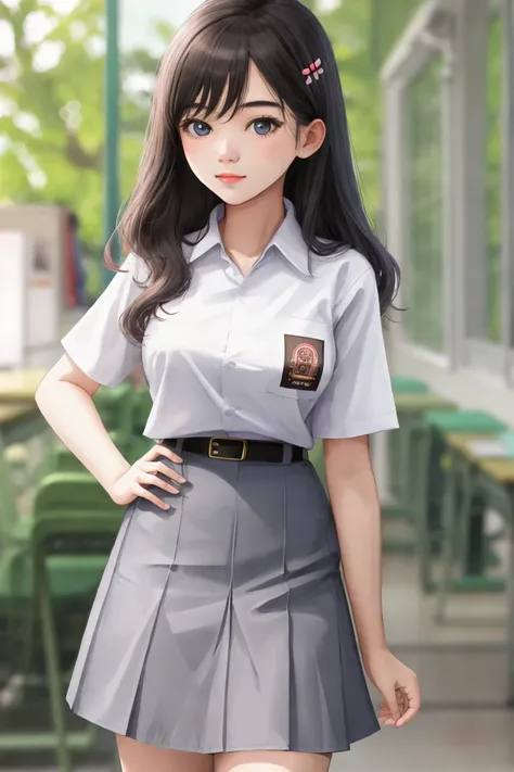 (((Ultra-HD-quality-details)))   1girl, cewe-sma, white shirt, gray skirt , belt, class room, ((bokeh))<lora:cewe-sma:1>