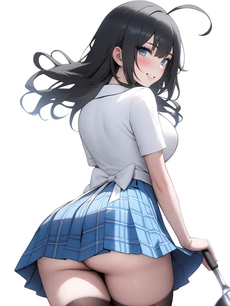 <lora:xl_Korean style(kohaku_delta)-000004:1>,Korean style,1girl, solo, ass, blue eyes, long hair, thighhighs, black hair, apron, skirt, smile, ladle, looking back, black legwear, looking at viewer, white background, simple background, from behind, plaid, ...