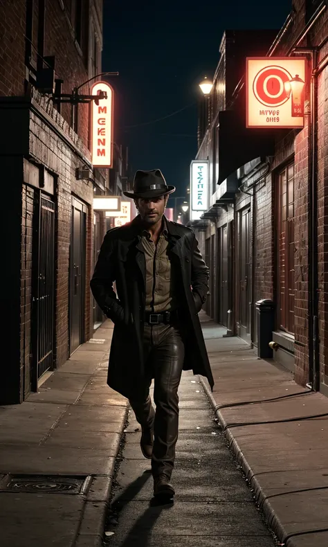 rickgrimes2024, 1 man, running, best quality, photorealistic, dark alley, night, streetlamp, fedora, long black trench coat, detective, new york, street light, cinematic, noir,