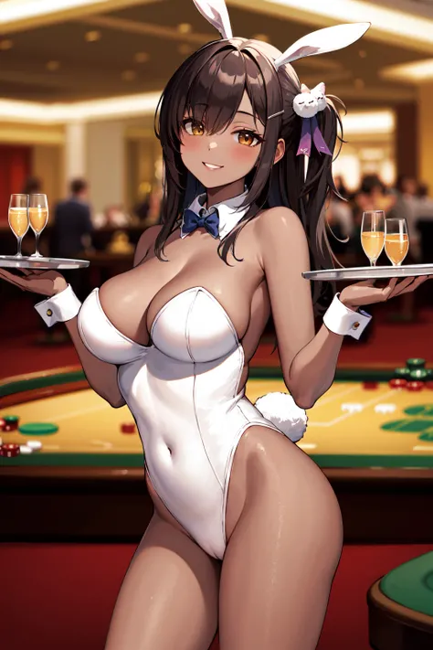 masterpiece, best quality, highres, aanaga, long hair, one side up, hair ornament, hairclip, dark skin, large breasts, <lora:naga_(nikke)_v1:0.7>, playboy bunny, white leotard, rabbit ears, casino, holding tray, smile