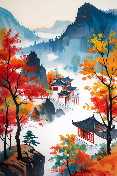 masterpiece,best quality,colorful inkpainting, no humans, tree, scenery, outdoors, mountain, architecture, east asian architecture<lora:colorful-inkpainting-000016:0.8>,