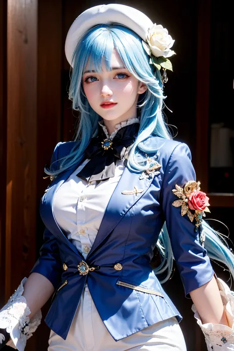 <lora:FLN-10:0.7>,(face lighting:0.8),bright backlight,super high resolution,best quality,Photos,4k,(Realistic:1.2),FLN,1girl,1girl,gloves,blue hair,blue eyes,hair flower,rose,look at the audience,hair_ornament,bangs,white jacket,extra long hair,hat,