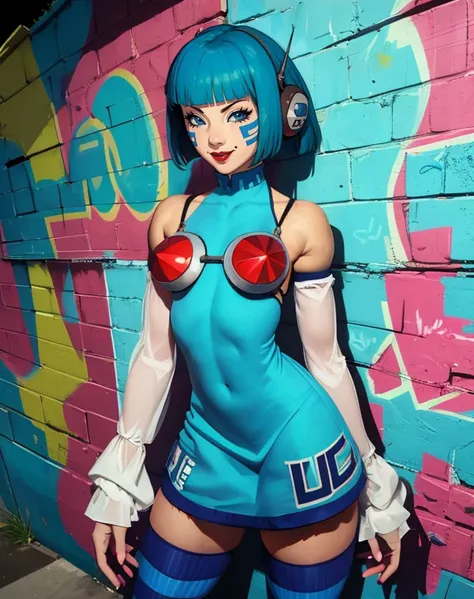 rhyth,blue eyes,facial mark,bob cut,head set,antennae,
blue dress,transperant sleeves,striped thighhighs,
standing,light smile,
night,streets,graffiti,
(insanely detailed, masterpiece, best quality),solo,<lora:Rhyth:0.8>,