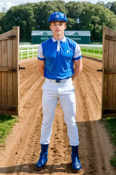 stables of horserace track, standing in front of stable gate, JakePreston dressed as a horse jockey, blue and white jockey jersey, white pants, black boots, jockey hat, horse in the background, (((full body portrait))), wide angle  <lora:JakePreston:0.8>