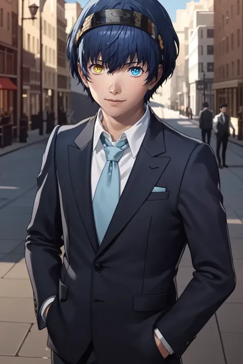 upper body, 1boy, looking at viewer, smile, formal, suit, jacket, necktie, hands in pockets, <lora:ProtagonistMR:0.8> protagonistmr, short hair, heterochromia, blue eyes, yellow eyes, dark skin, city, skyscraper