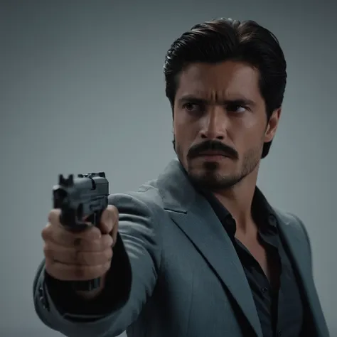 cinematic film still of  <lora:uzi:0.7>
uzi pistol hand gun weapon, a man holding a gun in his hand,solo,simple background,shirt,black hair,1boy,white background,holding,brown eyes,jacket,weapon,male focus,holding weapon,gun,facial hair,formal,suit,holding...