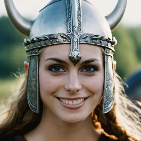 Face closeup of a stunning viking princess in a battle, grim,f /2.8, Canon, 85mm,analog, fiilm grain, subtle smile,  <lora:morbaccarin_xl_1_standard_wo_cap-000033:1>