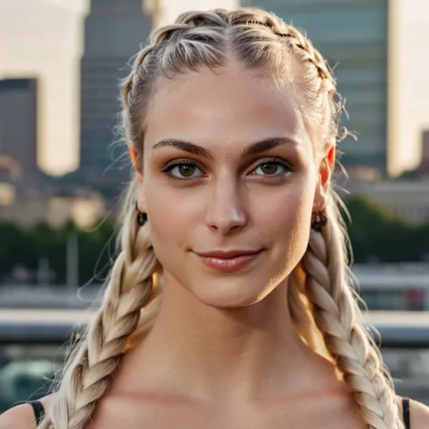 (Skin Texture, pores, natural,iPhone,RAW)), natural lighting, Highest Quality (closeup) Portrait photo of a woman with long braided platinum blonde hair,  Nikon Z9, realistic matte skin,  blurry city in the background, 8K, ((looking straight at the camera)...