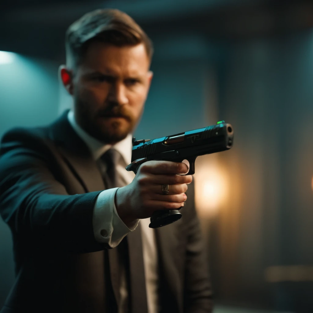 cinematic film still of  <lora:STI 1911:0.8>
a man holding a STI 1911 pistol hand gun weapon in a room,solo,1boy,holding,upper body,weapon,male focus,holding weapon,blurry,gun,blurry background,facial hair,holding gun,beard,handgun,realistic,aiming,aiming ...