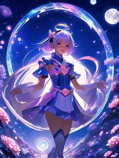 Magical girl anime scene of a heroine transforming under the moonlight, surrounded by sparkling magical effects and a detailed, vibrant costume design, capturing the moment of empowerment, digital composition, trending on ArtStation.,