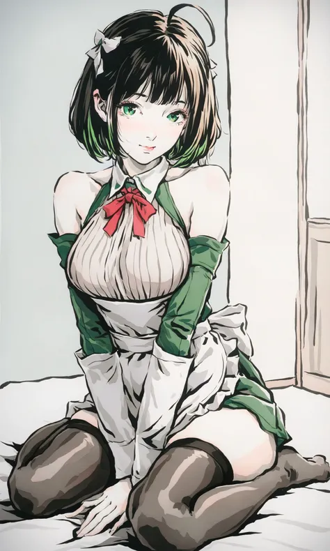 masterpiece,best quality,highres,aanonono,short hair,ahoge,hair ornament,green eyes,breasts,bare shoulders,neck ribbon,loetard,sleeveless,detached sleeves,apron,thighhighs,wariza,indoors,room,