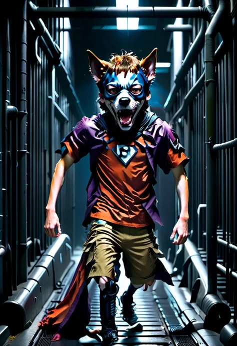 <lora:DogboyXL:.8> A 14-year-old Dogboy sliding under a closing gate in a high-tech facility just in the nick of time