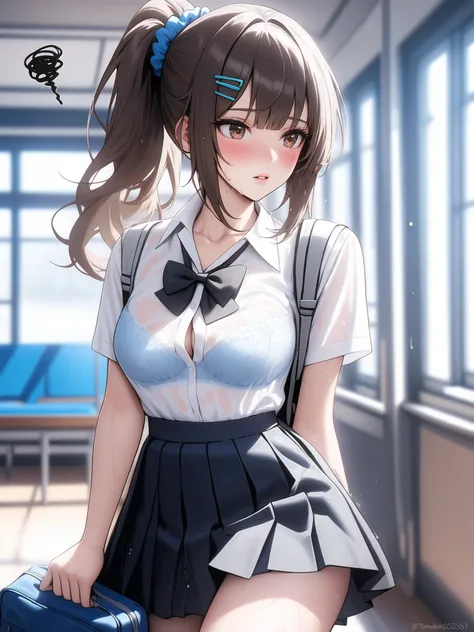 <lora:xl_Korean style(kohaku_delta)-000004:1>,Korean style,1girl, solo, skirt, wet, see-through, underwear, wet clothes, bag, bra, hair ornament, brown eyes, brown hair, shirt, ponytail, school uniform, hairclip, pleated skirt, squiggle, scrunchie, bag cha...