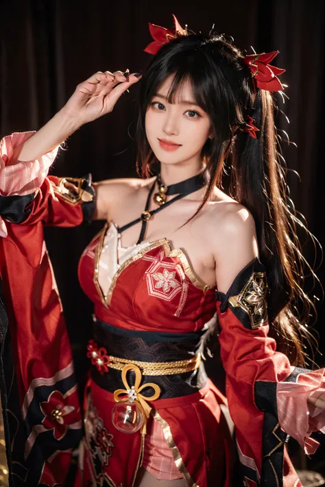 best quality, masterpiece, realistic, photorealistic, 1girl, solo, looking at viewer, smile, long black hair, bangs, standing, cowboy shot, sparkle cosplay costume, cosplay, twintails, dress, detached sleeves, bell, single glove, hair ornament, bare should...