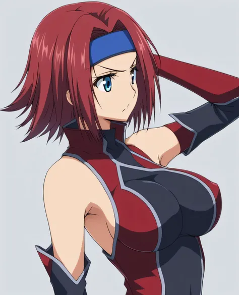 Kallen, 1girl,solo,breasts,short hair,blue eyes,large breasts,simple background,shirt,bare shoulders,medium breasts,closed mouth,upper body,red hair,detached sleeves,sleeveless,armpits,grey background,arm up,v-shaped eyebrows,headband,turtleneck,looking aw...