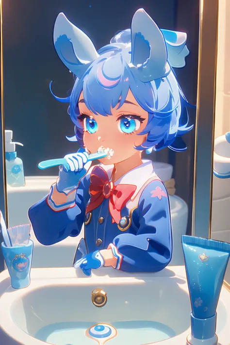 mlzs, long sleeves, animal ears, short hair, bangs, blue hair, gloves, white gloves bow, red bow, (blue) shirt, (blue) jacket, looking at viewer, brushesteeth, holding, toothbrush, bathroom, mirror, sleepy, reflection, <lora:Melusine_GI_10_01:0.6> <lora:br...