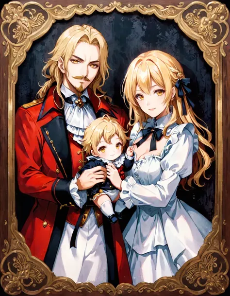 anime artwork photograph facial hair, blonde hair, 1girl, white dress, baby, ascot, long hair, yellow eyes, beard, father and son, looking at viewer, family, long sleeves, holding hair, pointy ears, mustache, multiple boys, mother and son, 1boy, smile, fra...