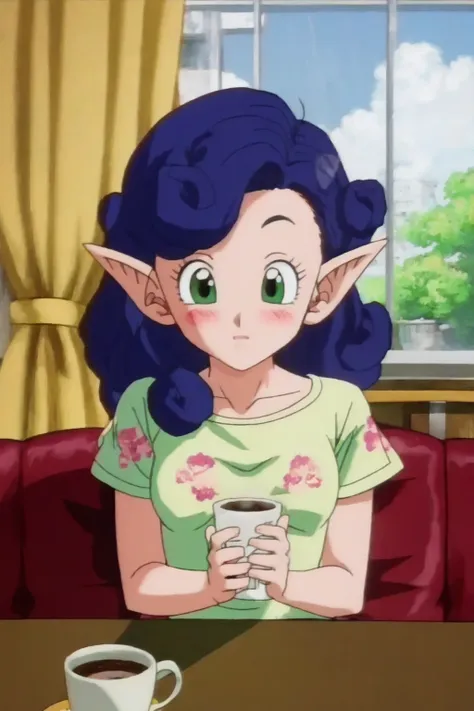 fairy,1girl,,solo,(upper body:1.2),blue hair, curly hair, long hair, green eyes,pointy ears,floral print shirt,frilled short sleeves,floral print, coffee shop,cup, pov across table,windows, coffee,small breasts,nervous,blush,curtains,city, blue sky,couch.(...