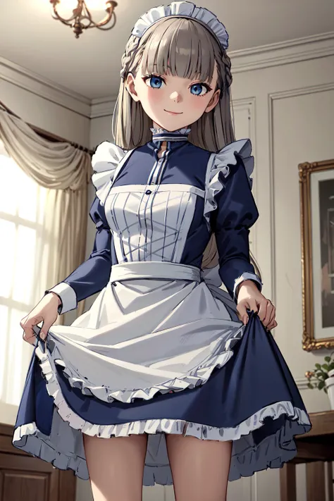 masterpiece,best quality,highres,ultra-detailed,lawine,long hair,braid,french braid,blunt bangs,<lora:lawine:0.7>,indoors,cafe,(maid:1.4),maid headdress,apron,(skirt hold:1.2),standing,cowboy shot,smile,