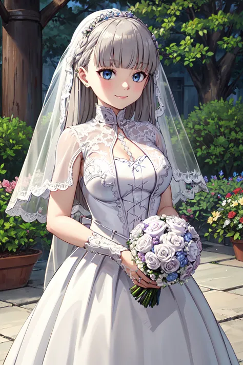 masterpiece,best quality,highres,ultra-detailed,lawine,long hair,braid,french braid,blunt bangs,<lora:lawine:0.7>,(wedding dress:1.4),(veil:1.2),garden,smile,outdoors,standing,cowboy shot,holding bouquet,