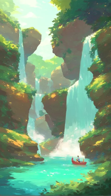 <lora:Detailed_Anime_Style_Backgrounds_for_PonyXL:0.8> score_9, score_8_up, score_7_up, score_6_up, source anime,
 waterfall in a rocky area with a small boat in the water, waterfall, scenery