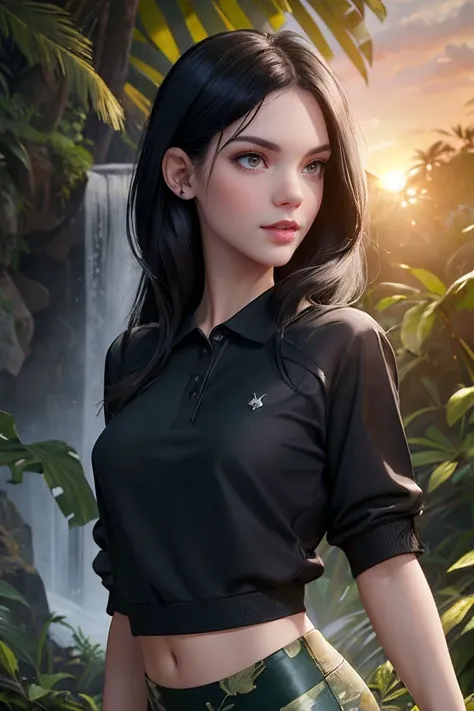 photo of S341_AnieDarling,a stylish woman,in a (jungle),wearing a (polo-shirt:1.1),(leggings:1.1),(waterfall),(sunset),(4k, RAW photo, best quality, depth of field, ultra high res:1.1),(absurdres, intricate, photorealistic, masterpiece, ultra-detailed:1.1)...