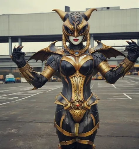 kaijinxl. upper body, perfect anatomy. a woman in dynamic pose wearing a (bat:1.2) monster themed costume and mask with huge headgear. emphasized-details, empty parking lot, gloomy, retro filter, movie screencap,  <lora:kaijinXLV3:1>