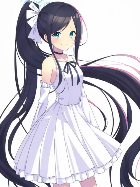 1girl, absurdly long hair, aris (blue archive), black hair, blue archive, blue eyes, bow choker, choker, concert, detached sleeves, dress, frilled skirt, frills, hair between eyes, hair bow, hair ribbon, halo, hand on own hip, idol, long hair, long sleeves...