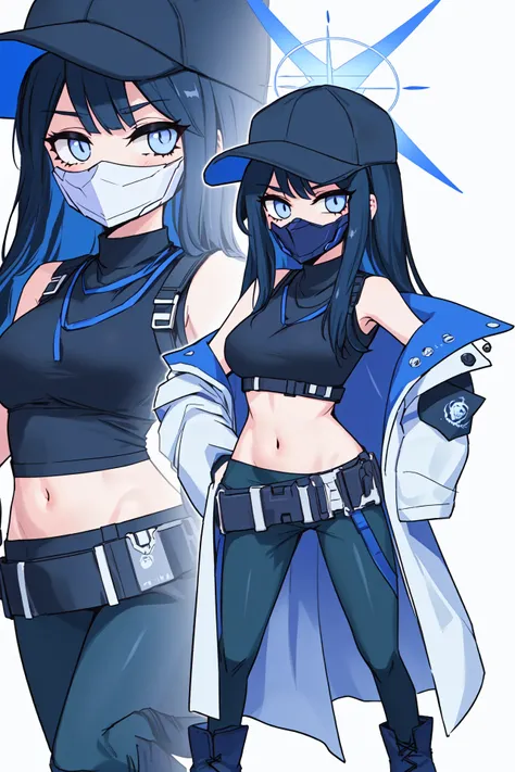 saori (blue archive), 1girl, solo, full body, stomach, baseball cap, long hair, navel, halo, black pants, crop top, black gloves, white coat, hand on hip, midriff, off shoulder, white background, mouth mask, standing, blue eyes, sleeveless shirt, medium br...