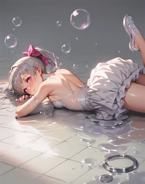 score_9, score_8_up, score_7_up, raiting_questionable,,a girl is sitted on a puddle, . ., wet floor, bubbles, on stomach, from behind, 
 <lora:ra_xl_v2:.8> pink eyes, ribbon, ponytail, silver hair, white tutu