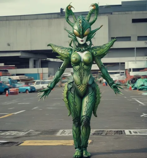 kaijinxl. full body, perfect anatomy. a woman in dynamic pose wearing a (mantis:1.2) monster themed costume and mask with huge headgear. emphasized-details, empty parking lot, gloomy, retro filter, movie screencap,  <lora:kaijinXLV3:1>