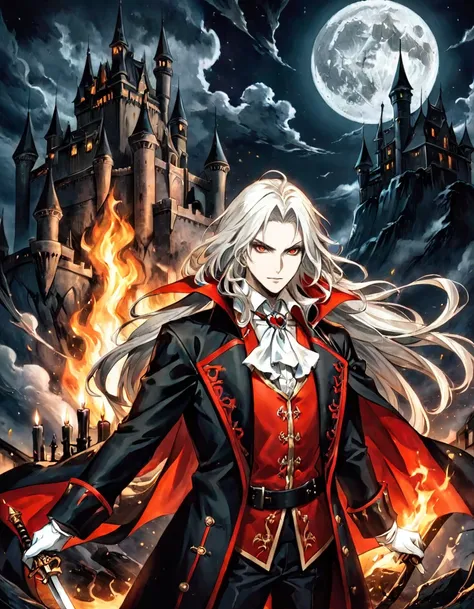 anime artwork photograph sotn, Alucard, holding weapon, 1boy, holding sword, full moon, male focus, candle, long hair, facial hair, white gloves, beard, black cape, castle, official art, pale skin, ascot, night sky, vampire, looking at viewer, long sleeves...