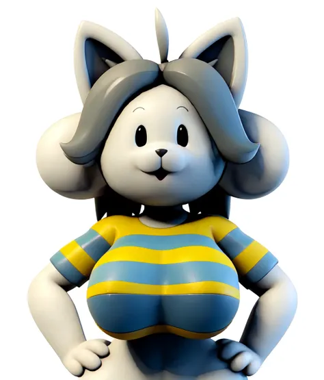 furry,:3,open mouth,cat ears,grey hair,ahoge,white_fur,blue and yellow striped shirt,big breasts,curvy,standing,hands on hips,looking at viewer,cartoonized,white_background,Temmie,<lora:Role_Temmie_v1:0.8>,(3d (artwork):1.15),blender (software),{sharp focu...