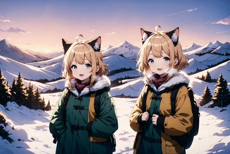 score_9,score_8_up,score_7_up,
BREAK
2girls,
cat_ears,
ahoge,
winter_coat,
heavy_breathing,
backpack,
upper_body,
mountainous_horizon, 
sunset,