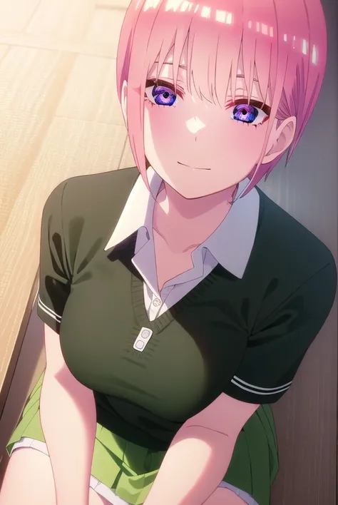 ichikanakano, <lora:ichika nakano s2-lora-nochekaiser:1>, 
ichika nakano, short hair, bangs, blue eyes, hair between eyes, pink hair, smile,
BREAK skirt, shirt, school uniform, white shirt, short sleeves, pleated skirt, shoes, socks, collared shirt, black ...