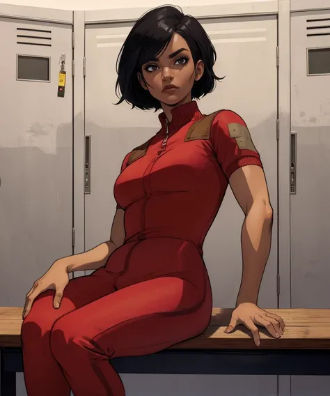 KaraHassan,brown eyes,black hair,short hair,
jumpsuit,looking at viewer,
sitting,upper body,
indoors,locker room,bench,
(insanely detailed, masterpiece, best quality),solo,<lora:KaraHassan:0.8>,