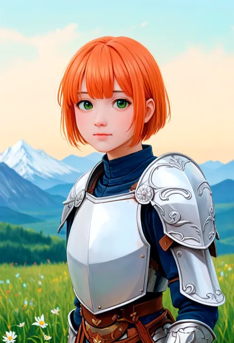 score9,score8up,score7up,score6up,ratingsafe, 1girl, outdoors, armor, solo, green eyes, mountain, orange hair, looking at viewer, shoulder armor, short hair, breastplate, upper body, day, sky, closed mouth, flower, blush, pauldrons, mountainous horizon, ba...