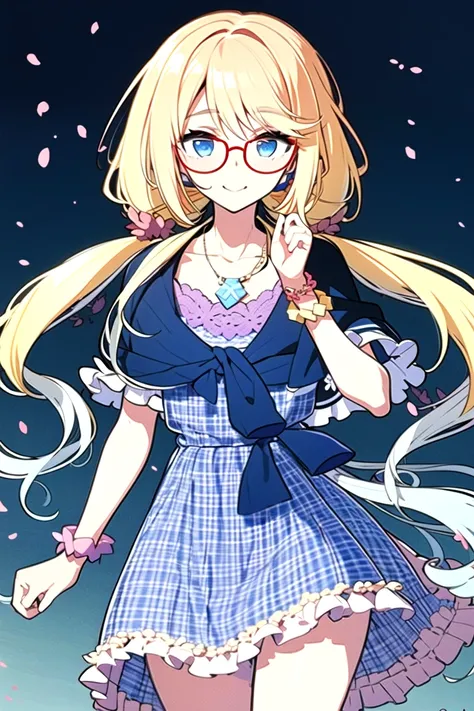 <lora:HarunoSora_V01:1>1girl, HarunoSora, blue eyes, mole under mouth, red-framed eyewear, 
(blonde hair, blue hair:1.2, gradient hair:1.2), (low twintails:1.2), multicolored hair, flower hair ornament, 
(plaid dress:1.2), frills, bracelet, capelet, collar...