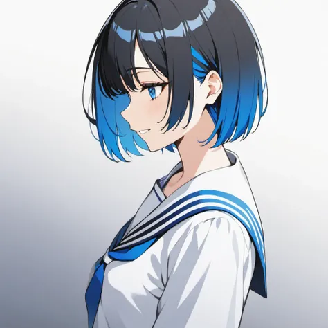 1girl, solo, short hair, bob cut, black hair, two-tone hair, blue hair, serafuku, light smile, cool angle of view, looking at another, upper body, grin, shining eyes, moist eyes, eyelashes, parted lips,
BREAK
profile picture, small wide shot, simple backgr...