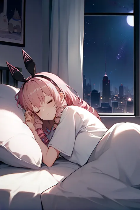 score_9, score_8_up, score_7_up, black hairband, fake animal ears,
pink hair,  drill sidelocks, plain shirt, white shirt, oversized shirt, night, city, galaxy, indoors, window, bed, high-rise apartment, sitting, blush, sleeping, on side, pillow, volumetric...