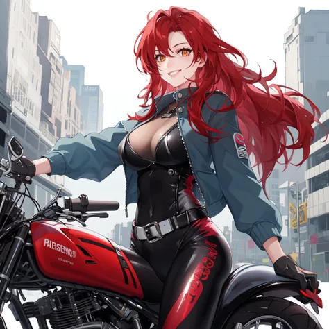 masterpiece, best quality, high quality,1girl,solo,smile,riding motorcycle,  blue jacket, bodysuit,