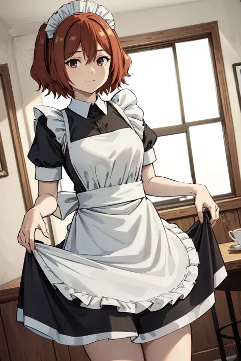 masterpiece,best quality,highres,ultra-detailed,kanne,short hair,two side up,hair between eyes,brown eyes,<lora:kanne:0.7>,indoors,cafe,(maid:1.4),maid headdress,apron,(skirt hold:1.2),standing,cowboy shot,smile,