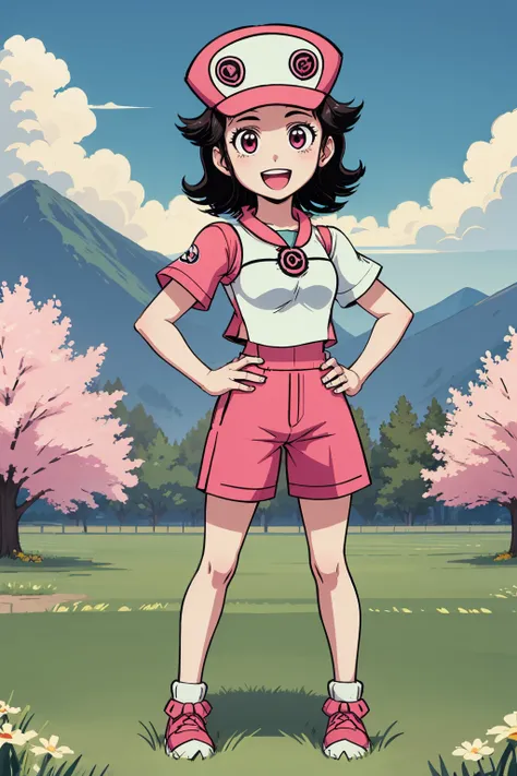 masterpiece,best quality,1girl,pinktrainer, <lora:Pinktrainer:0.65>,standing,facing viewer,hands on hips,full body,short sleeves,shorts,hat,happy,:d,outdoors,in field,black hair