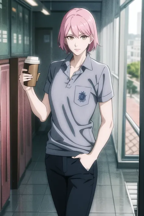 masterpiece, best quality, 8k, 1girl, elegant, (blue|grey polo shirt:1.1), pink hair, amber eyes, black pants, (holding a coffee:1.2), (short sleeves:1.2), school corridor, crest on breast pocket, spiky hair,  <lora:Sweet_Pool_Style_10:1>