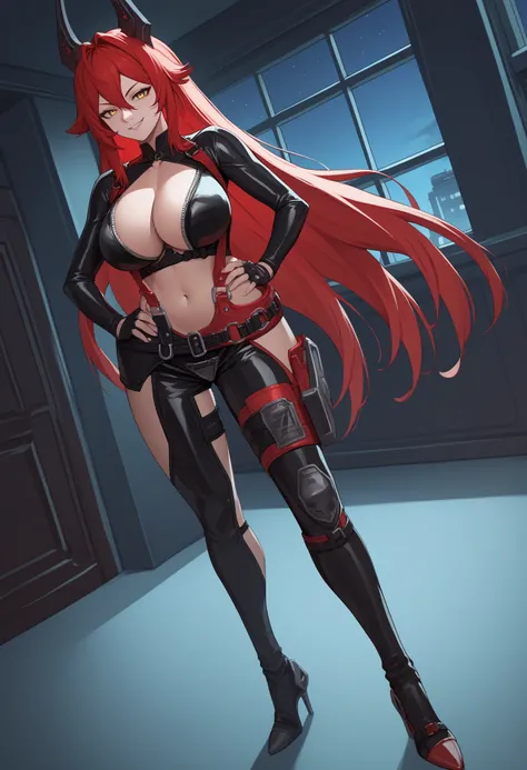 score_9, score_8_up, score_7_up, source_anime BREAK 1girl, solo, <lora:redhood-nikke-richy-v1_pdxl:1> nikkeredhood, red hair, long hair, headgear, yellow eyes, collarbone, black shrug (clothing), navel, midriff, zipper, cleavage, large breasts, suspenders,...