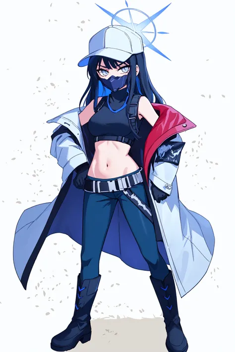 saori (blue archive), 1girl, solo, full body, stomach, baseball cap, long hair, navel, halo, black pants, crop top, black gloves, white coat, hand on hip, midriff, off shoulder, white background, mouth mask, standing, blue eyes, sleeveless shirt, medium br...